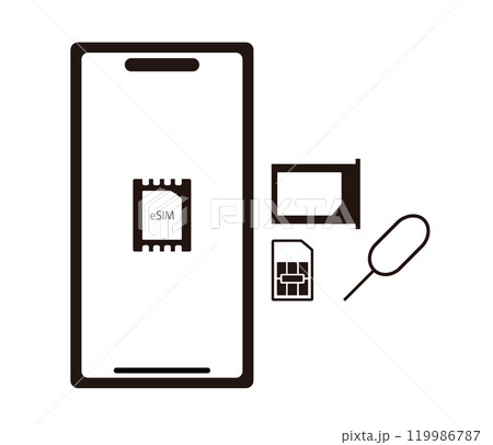 スマートフォン デュアルSIMとカードトレイとピン 正面 スマートフォン デュアルSIMとカードトレイとピン 正面 119986787