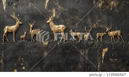 Golden animals on black grunge wall background. Generative AI 119986887