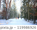 a family walking hand in hand through a picturesque, snow-covered forest. Bundled up in warm winter clothing, they share smiles and laughter as they explore the beautiful winter landscape 119986926