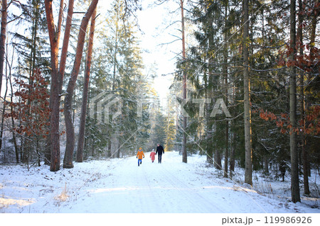 a family walking hand in hand through a picturesque, snow-covered forest. Bundled up in warm winter clothing, they share smiles and laughter as they explore the beautiful winter landscape 119986926