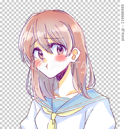 A female student puffs out her cheeks and looks embarrassed 119986989