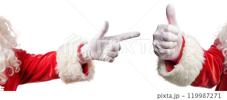 Various santa claus hand gestures, santa hand thumbs forward, thumbs up gesture ok. Santa Claus hands on white background. 119987271