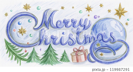 “Merry Christmas” inscription. Christmas trees, balls, snowflakes pencil drawing on white background. Cute kids typography. 119987291
