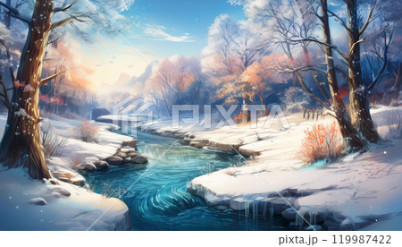 雪に覆われた川沿い 01 119987422
