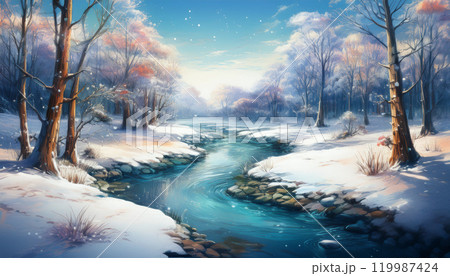 雪に覆われた川沿い 03 119987424