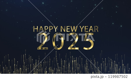 Numbers 2025 on a starry black background written with golden text. Animated text that says Happy New Year 2025. 3D Illustration. 3D Illustration. 119987502