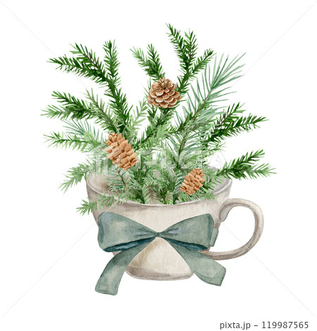 Watercolor composition with a bouquet of pine branches with cones in a mug decorated with a bow 119987565