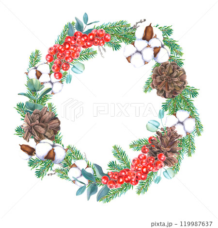 Christmas wreath with ilex, cones, coniferous branches, eucalyptus and bolls of cotton flower. Hand drawn watercolor illustration of round frame on an isolated background. Botanical design for cards. 119987637