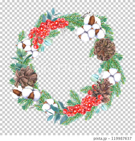 Christmas wreath with ilex, cones, coniferous branches, eucalyptus and bolls of cotton flower. Hand drawn watercolor illustration of round frame on an isolated background. Botanical design for cards. 119987637