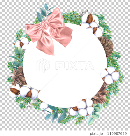 Wreath with pine cones, coniferous branches, eucalyptus, bolls of cotton and pink ribbon bow. Hand drawn watercolor illustration of round frame on an isolated background. Christmas design for cards. Wreath with pine cones, coniferous branches, eucalyptus, bolls of cotton and pink ribbon bow. Hand drawn watercolor illustration of round frame on an isolated background. Christmas design for cards. 119987639