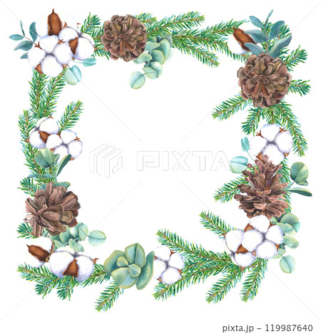 Frame with watercolor Christmas tree branches, pine cones, eucalyptus and bolls of cotton. Hand drawn illustration of template for New Year invitations. Border with spruce twigs on isolated background 119987640