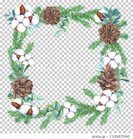 Frame with watercolor Christmas tree branches, pine cones, eucalyptus and bolls of cotton. Hand drawn illustration of template for New Year invitations. Border with spruce twigs on isolated background 119987640