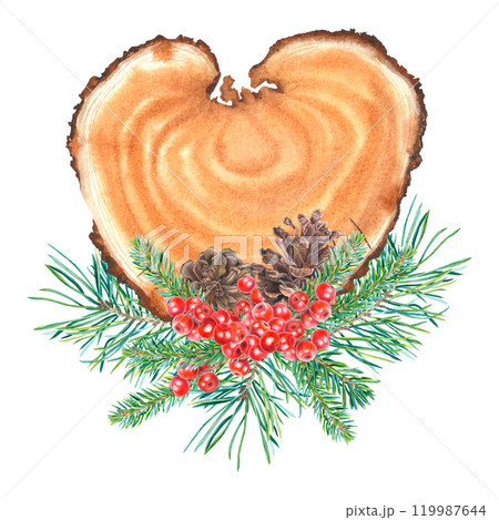 Heart shape wood slice, pine and fir branches, holly berries, pine cones. Hand drawn watercolor illustration of Christmas frame on isolated background for New Year party invitations, holiday cards. 119987644