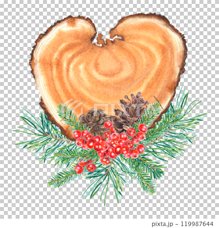 Heart shape wood slice, pine and fir branches, holly berries, pine cones. Hand drawn watercolor illustration of Christmas frame on isolated background for New Year party invitations, holiday cards. 119987644
