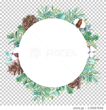 Wreath with pine cones, coniferous branches, thuja, eucalyptus, bolls of cotton. Hand drawn watercolor illustration of round frame on an isolated background. Christmas spruce twigs for cards design. 119987646