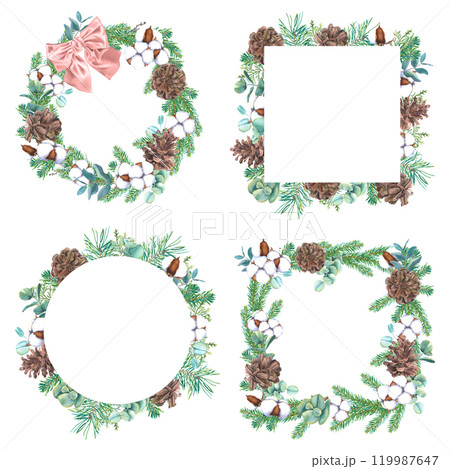 Watercolor wreaths and square frames with fir branches, pine cones, cotton, thuja, eucalyptus, pink bow. Hand drawn set of chaplet on an isolated background. Botanical frames drawing for printing desi 119987647
