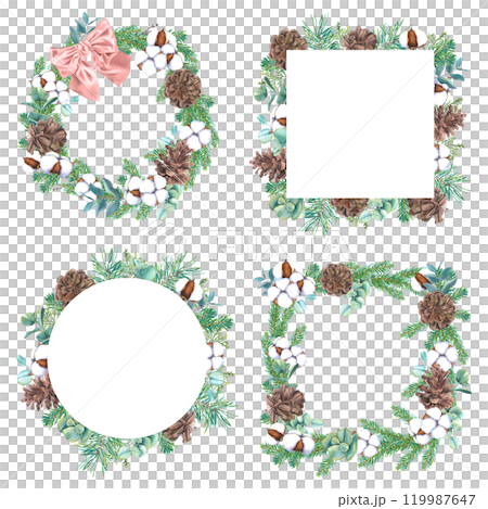 Watercolor wreaths and square frames with fir branches, pine cones, cotton, thuja, eucalyptus, pink bow. Hand drawn set of chaplet on an isolated background. Botanical frames drawing for printing desi 119987647