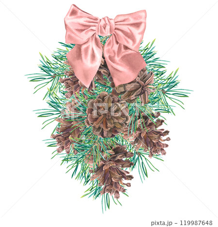 Christmas decoration with pine branches, pine cones and pink ribbon bow. Hand drawn watercolor illustration of coniferous twigs isolated on background. Botanical drawing for holiday invitations design 119987648