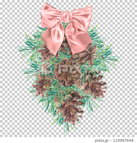 Christmas decoration with pine branches, pine cones and pink ribbon bow. Hand drawn watercolor illustration of coniferous twigs isolated on background. Botanical drawing for holiday invitations design 119987648