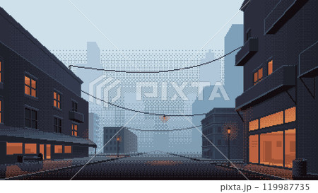 Pixel art town street in misty evening. Buildings with light in windows in front of the cityscape silhouette. Background for 8-bit retro video game. Vector illustration. Pixel art town street in misty evening. Buildings with light in windows in front of the cityscape silhouette. Background for 8-bit retro video game. Vector illustration. 119987735