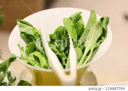 A Bowl Filled with Fresh, Colorful Green Leafy Vegetables Ready for Culinary Delights A Bowl Filled with Fresh, Colorful Green Leafy Vegetables Ready for Culinary Delights 119987764
