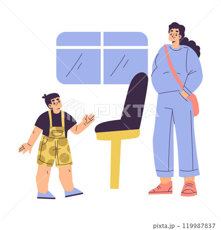 Polite Boy Character Yield Seat to Pregnant Woman Having Good Manners Vector Illustration Polite Boy Character Yield Seat to Pregnant Woman Having Good Manners Vector Illustration 119987837
