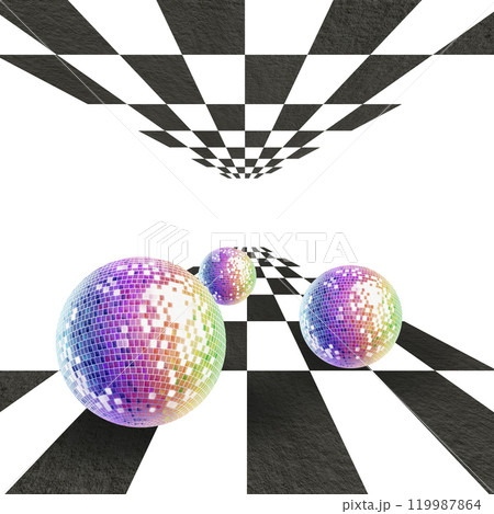Disco balls in chaotic motion in perspective across a checkerboard surface bi-directional.Realistic style of watercolor illustration for for music covers,postcards, flyers in the style of 80s,90s Disco balls in chaotic motion in perspective across a checkerboard surface bi-directional.Realistic style of watercolor illustration for for music covers,postcards, flyers in the style of 80s,90s 119987864