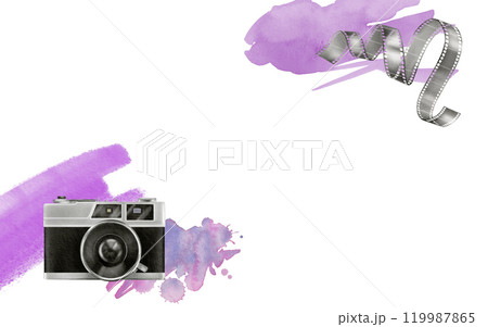 Template for card in 80s,90s style.Vintage film camera with painterly dynamic watercolor spots of lilac, mauve and purple.For flyers, business cards, posters of photo studios or private photographer Template for card in 80s,90s style.Vintage film camera with painterly dynamic watercolor spots of lilac, mauve and purple.For flyers, business cards, posters of photo studios or private photographer 119987865