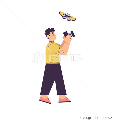 Boy Studying Insect Exploring Nature Take Photo of Butterfly Vector Illustration Boy Studying Insect Exploring Nature Take Photo of Butterfly Vector Illustration 119987892