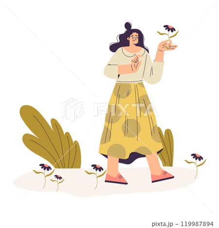 Woman Studying Plant Exploring Nature Vector Illustration 119987894