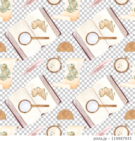 Open book with a map, magnifying glass, pocket watch, parchment watercolor seamless pattern isolated on white. Hand painted for bookstore, geography vintage design, wrapping paper 119987935