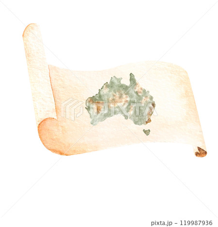 A parchment, with Australia map horizontal watercolor composition isolated on white. Hand drawn high quality simple style art for stationary, stickers, cards, notebooks, diary decor and design 119987936