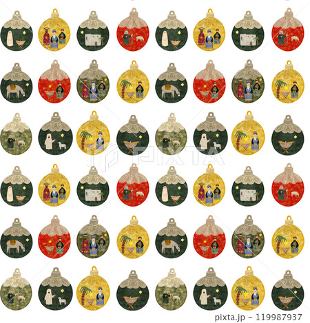 Christmas tree decorative ball with nativity scene seamless pattern isolated on white in watercolor. Illustration for textile, wrapping paper, cards, Christmas, cards, stickers, posters, advent Christmas tree decorative ball with nativity scene seamless pattern isolated on white in watercolor. Illustration for textile, wrapping paper, cards, Christmas, cards, stickers, posters, advent 119987937
