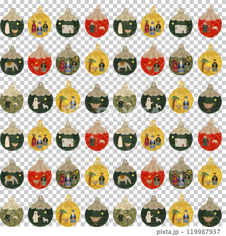 Christmas tree decorative ball with nativity scene seamless pattern isolated on white in watercolor. Illustration for textile, wrapping paper, cards, Christmas, cards, stickers, posters, advent Christmas tree decorative ball with nativity scene seamless pattern isolated on white in watercolor. Illustration for textile, wrapping paper, cards, Christmas, cards, stickers, posters, advent 119987937