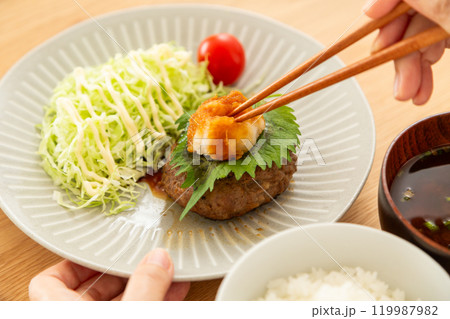 おろしハンバーグ定食を食べるミドル〜シニア女性 119987982