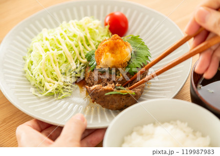 おろしハンバーグ定食を食べるミドル〜シニア女性 おろしハンバーグ定食を食べるミドル〜シニア女性 119987983