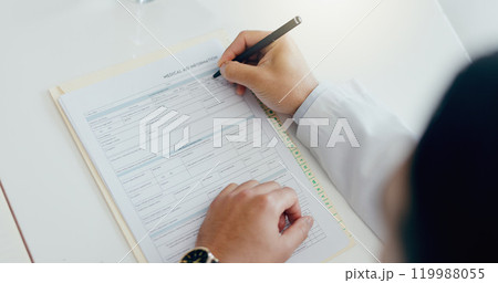 Doctor, hands or writing with document on survey, form or application for medical aid or insurance above at hospital. Top view of person filling paperwork, healthcare or information on clinic details 119988055