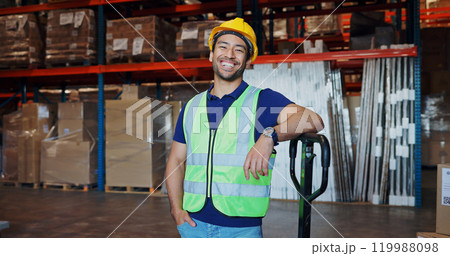 Logistics, man and portrait in warehouse with happy, stock and factory for safety in supply chain or freight. Male person, industrial and quality control in manufacturing, shipping in trade or export Logistics, man and portrait in warehouse with happy, stock and factory for safety in supply chain or freight. Male person, industrial and quality control in manufacturing, shipping in trade or export 119988098