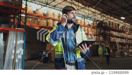 Man, tablet and radio for inventory in warehouse, logistics and quality control for supply chain. Inspection, stock and communication for storage check, online distribution and checklist for orders 119988099