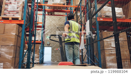 Pallet truck, man and box in warehouse with transport, safety and storage for distribution or delivery. Freight operator, logistics and stock in cardboard for cargo, shipping and inventory management 119988104