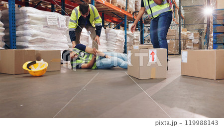 Fail, fall and boxes with man in warehouse for delivery, distribution or supply chain logistics. Accident, injury or mistake and person on floor of plant with stock for ecommerce, retail or safety 119988143