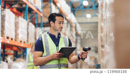 Logistics, man and tablet in warehouse with scanning, stock and price for quality control in supply chain or freight. Male person, industrial and safety in manufacturing, shipping in trade for export Logistics, man and tablet in warehouse with scanning, stock and price for quality control in supply chain or freight. Male person, industrial and safety in manufacturing, shipping in trade for export 119988188