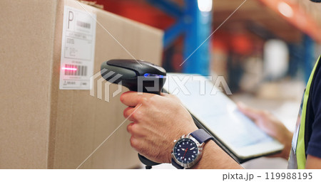Logistics, hands and man scanning barcode in warehouse with tablet for price or serial number. Cardboard, package and closeup of male cargo worker with digital technology for inventory in storage. 119988195