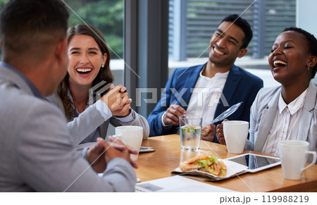 Happy, business people and collaboration for morning, meeting and breakfast in conference room. Men, women and diversity in office with pride, teamwork and group for discussion and international job 119988219