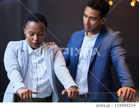 Man, woman and help on shoulder in office for advice, support for friend with feedback or problem. Male person, colleague or news for mental health at workplace, frustrated with burnout or depression 119988224