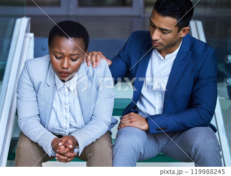 Man, woman and support on shoulder in office for advice, helping others with feedback or problem. Male person, colleague and news for mental health at workplace, frustrated with burnout or depression Man, woman and support on shoulder in office for advice, helping others with feedback or problem. Male person, colleague and news for mental health at workplace, frustrated with burnout or depression 119988245