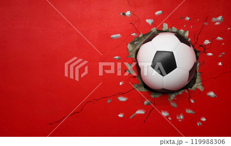 Soccer ball breaks through red concrete wall, concept of power, strength. Soccer ball breaks through red concrete wall, concept of power, strength. 119988306