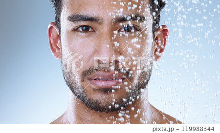 Shower, washing and man in studio with water drop for hygiene, grooming or skincare on isolated background. Closeup, cleaning and Asian model for natural treatment, wellness or morning routine 119988344