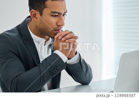 Serious, businessman and thinking with laptop for stress at employee standard or performance. Male person, project manager and worry with computer for ideas and brainstorming and company progress 119988387
