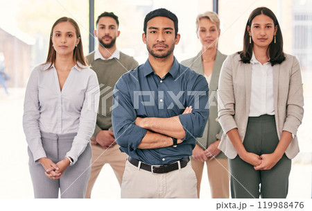 Business people, diversity and team in office with portrait, professional and serious for reputation improvement. Men, women and together in corporate, sale representative, group and job confidence. Business people, diversity and team in office with portrait, professional and serious for reputation improvement. Men, women and together in corporate, sale representative, group and job confidence. 119988476